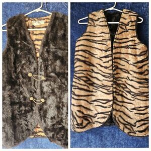 Vintage Reversible Fur Vest Hollywood Animal Print Medium Black Brass Gold